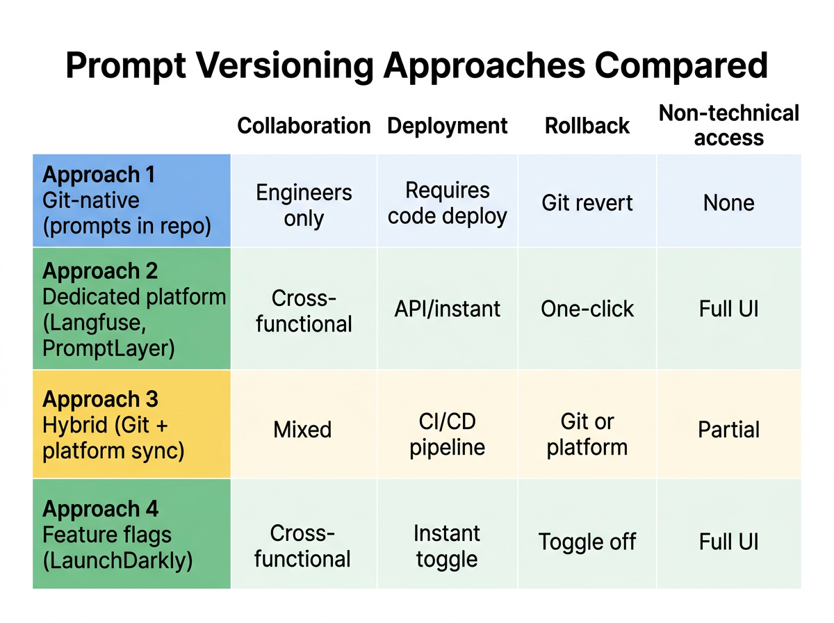Comparison matrix of four prompt versioning approaches showing differences in collaboration, deployment, rollback, and non-technical access