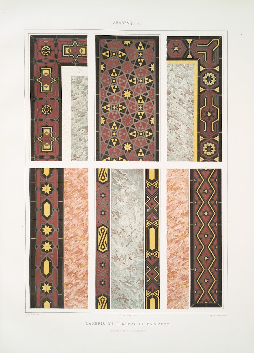 Arabesques lambris du tombeau de Barsabay détails des mosaïques 1877