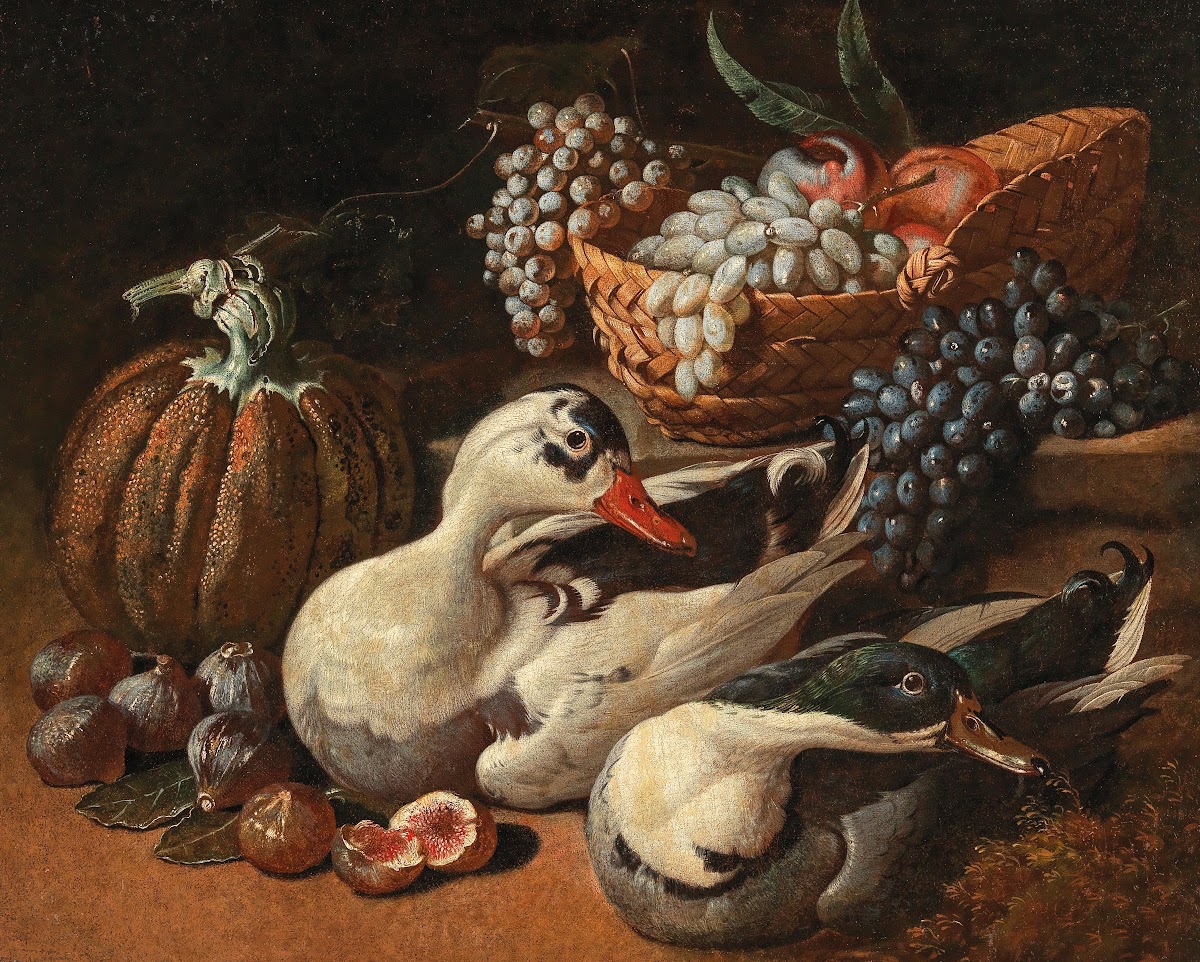 A fruit still life with a brace of duck