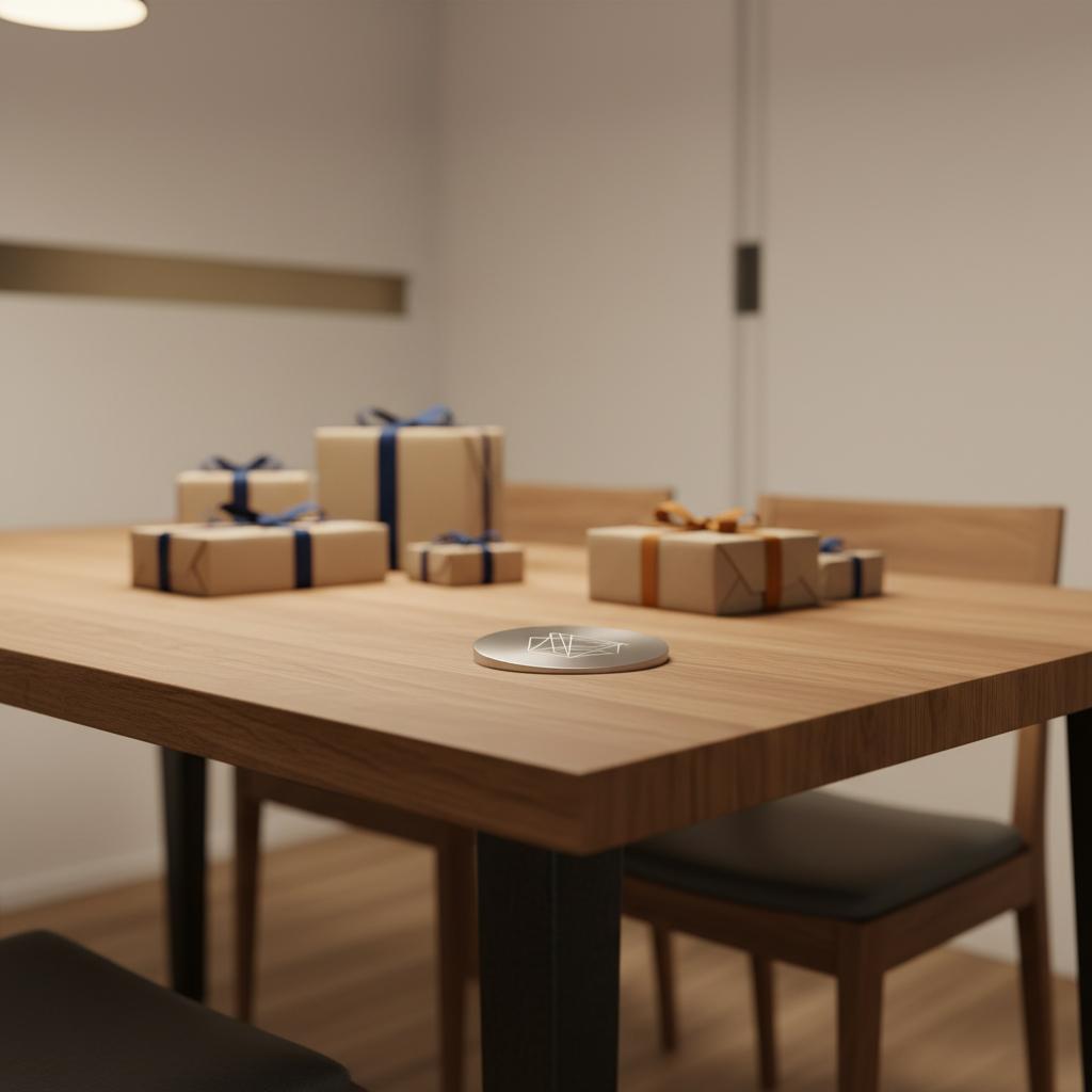 Nahaufnahme eines minimalistischen Esstisches mit sorgfältig verpackten Geschenken und einer kleinen Metallgravur, warme Holz- und Metalldetails – silberhochzeit geschenke ideen