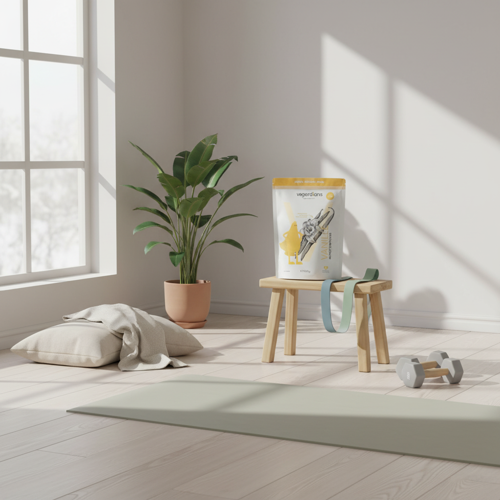 Minimalistische Heimtrainingsszene mit Yogamatte, Kurzhanteln, Widerstandsbändern und dem Produkt aus Referenzfotos im skandinavischen Raum — was muss ich essen um fett zu verbrennen