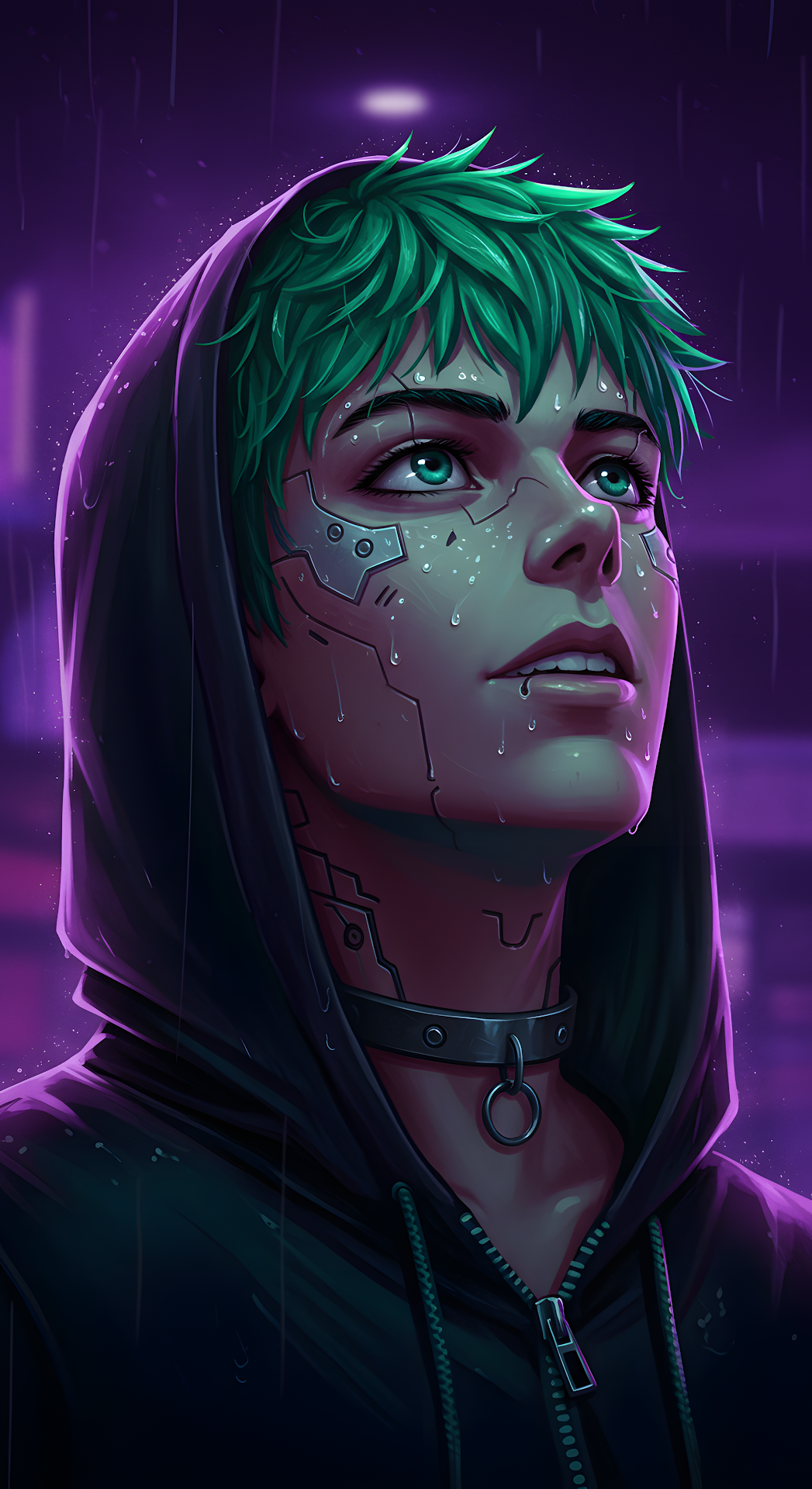Neon Cyberpunk Portrait in Purple Rain with Implants - Free 4K mobile Wallpaper