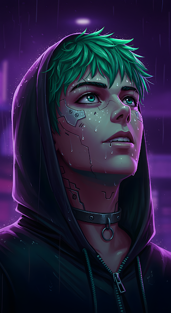 Neon Cyberpunk Portrait in Purple Rain with Implants - Free mobile Wallpaper
