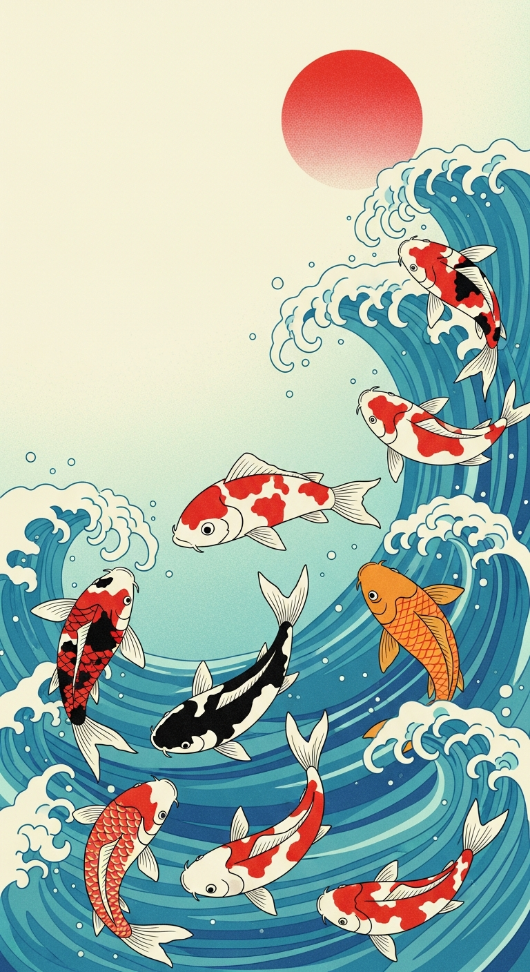 Dynamic Ukiyo-e Style Illustration of Seven Koi Fish Swimming in Stylized Waves - Free 4K mobile Wallpaper