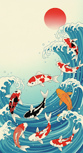 Dynamic Ukiyo-e Style Illustration of Seven Koi Fish Swimming in Stylized Waves