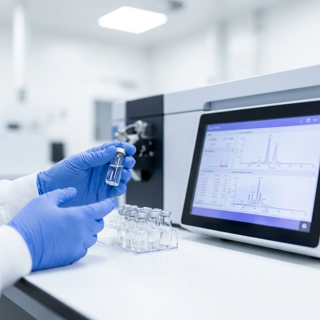 Close up of a researcher examining clear vials next to a mass spectrometer screen displaying peptide analysis graphs on a clean white bench with subtle blue brand accents