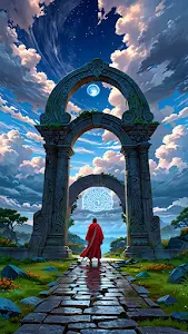 Red robed figure walks toward mystical arch under starry sky