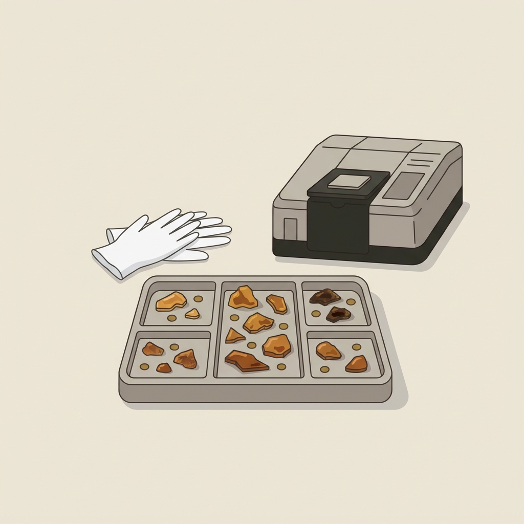 Minimalist 2D vector of a sectioned sampling tray with resin fragments beside a stylized FTIR instrument and folded gloves suggesting ancient roman jewelry making scientific testing