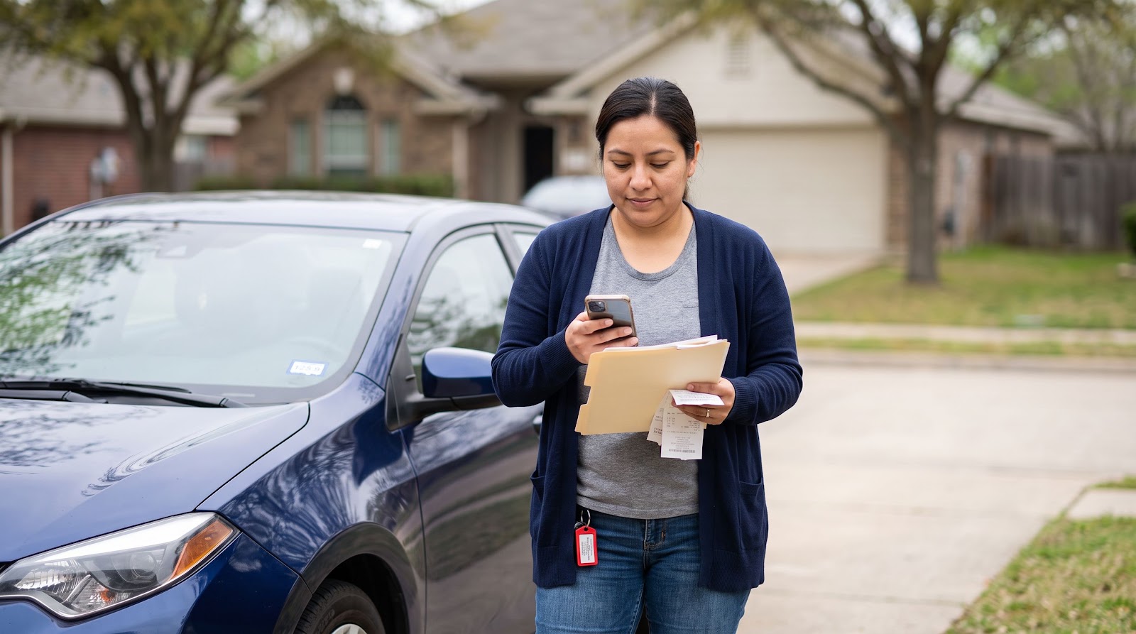 Texas driver checking documents and phone beside her car to avoid a texas tow truck scam accident insurance problem