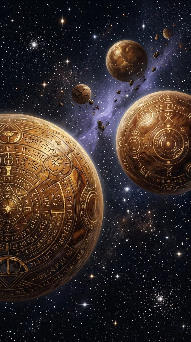 Ancient Cosmic Scene with Marble Planets and Etched Symbols - Free 4K mobile Wallpaper