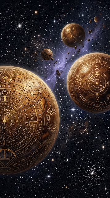 Ancient Cosmic Scene with Marble Planets and Etched Symbols - Free mobile Wallpaper
