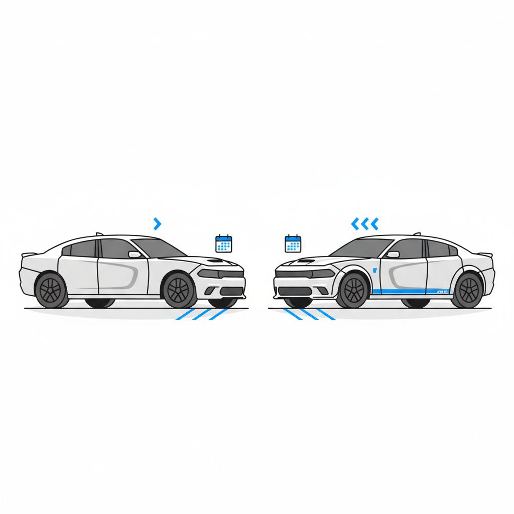 Minimal 2D vector side by side comparison of two charger trims in a white parking lot with blue accents showing economy and performance differences used chargers near me