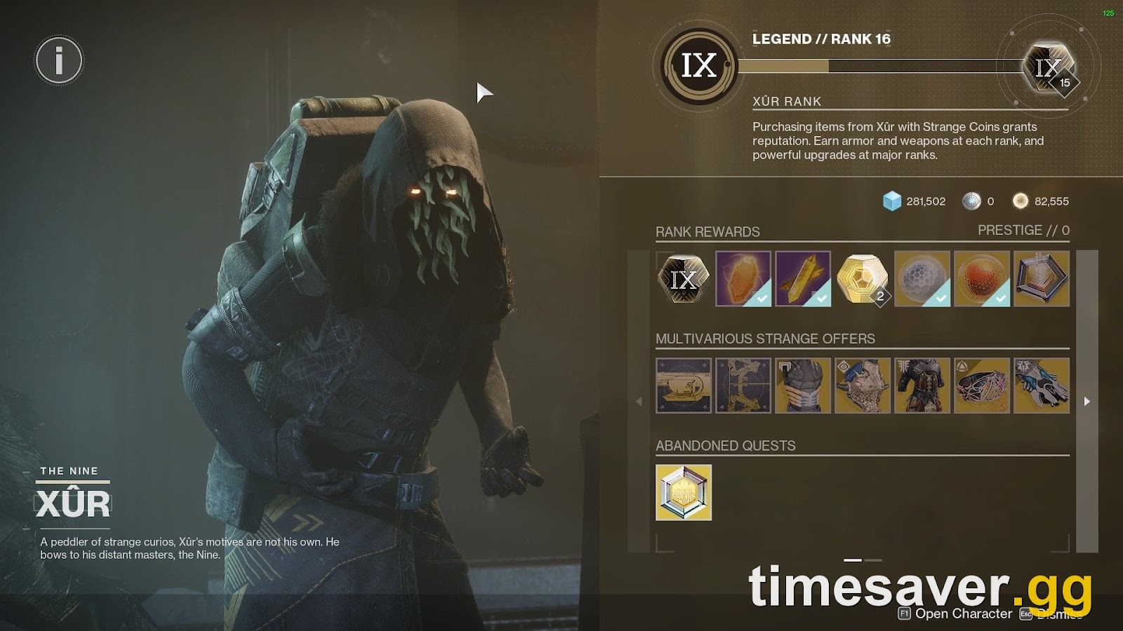 Xûr's weekly inventory screen in Destiny 2, a passive source of Exotics and Exotic Ciphers