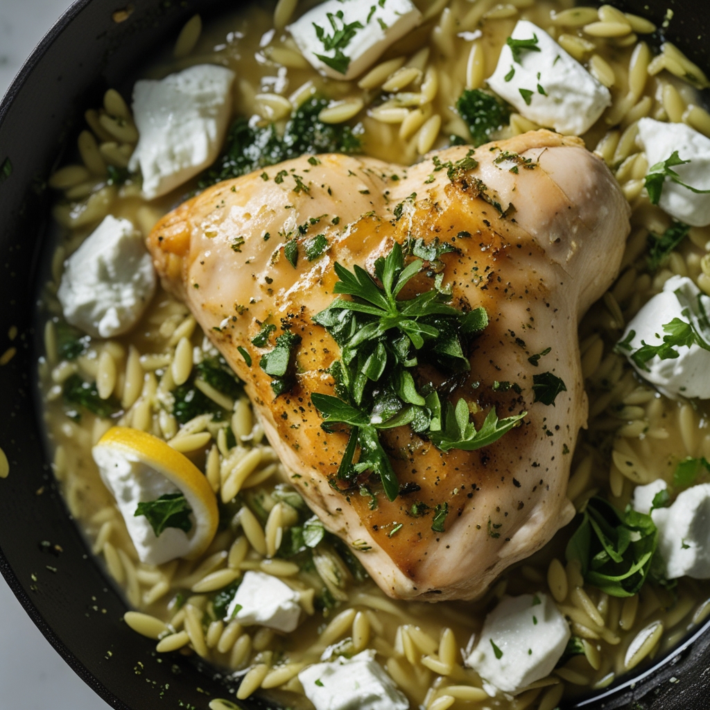 Final Lemon-Herb Chicken & Orzo Protein Skillet with Whipped Feta