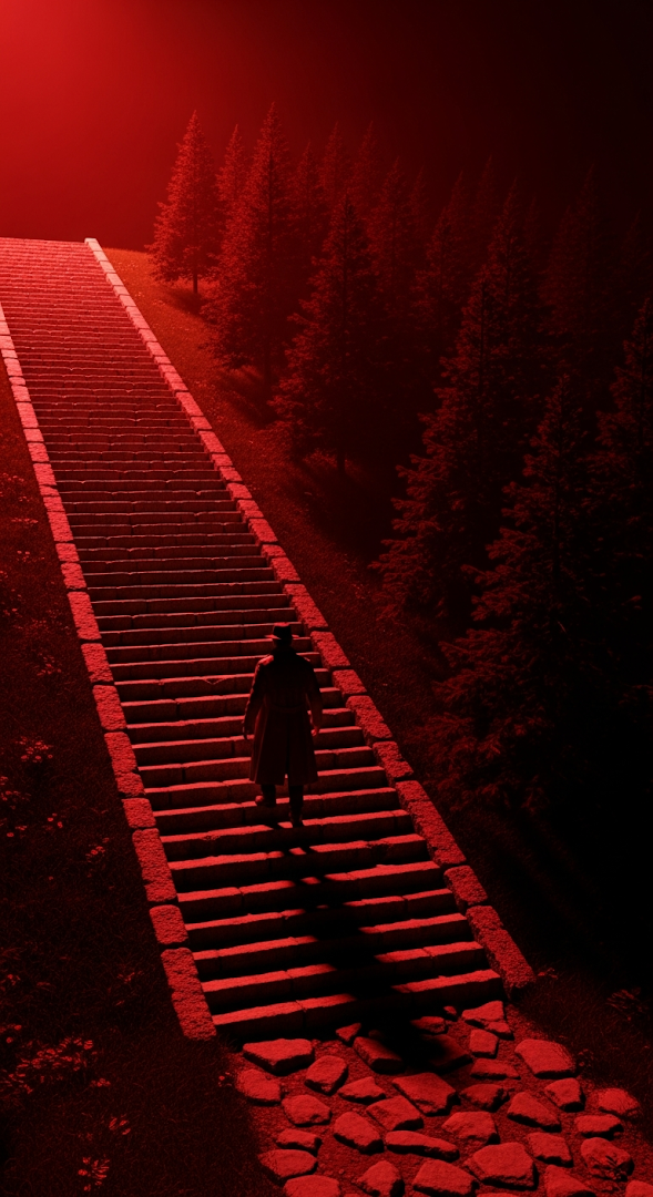 Mysterious Figure on Stone Stairs Ascending into Dramatic Red Glowing Sky