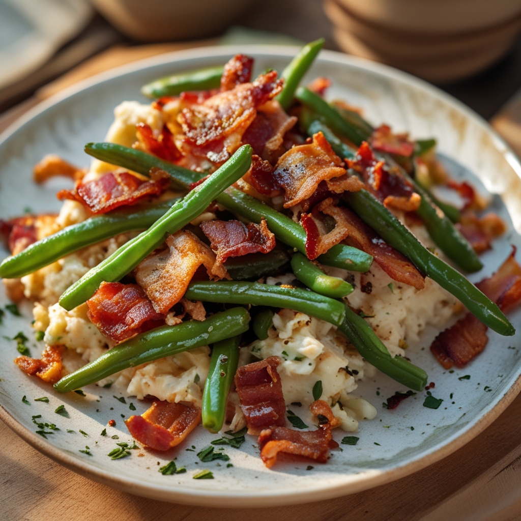Bacon Loaded Green Bean Casserole - Easy & Comforting Family Favorite finished