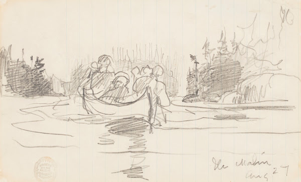 Canoe with Three Men Ile Maligne Quebec 1897