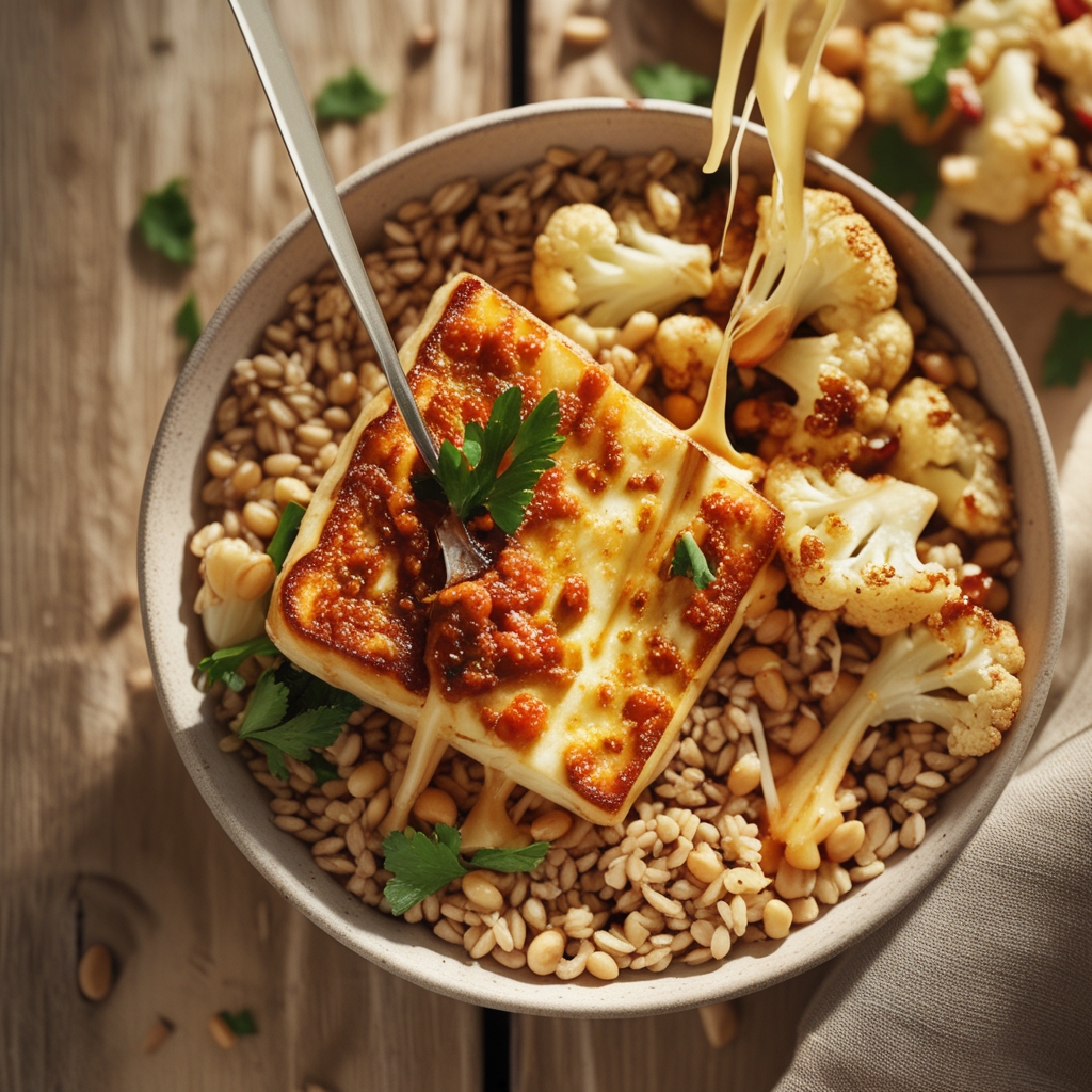 Quick Harissa Halloumi & Barley Power Bowl with Lemon-Date Glaze
