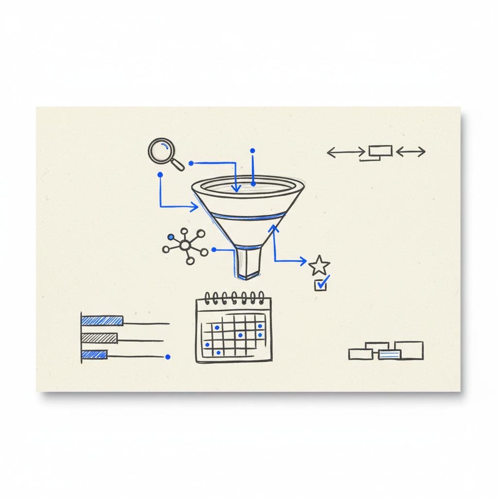 Notebook sketch of marketing funnel with search, social, review icons, budget bars and calendar &mdash; how much do dentists pay for marketing