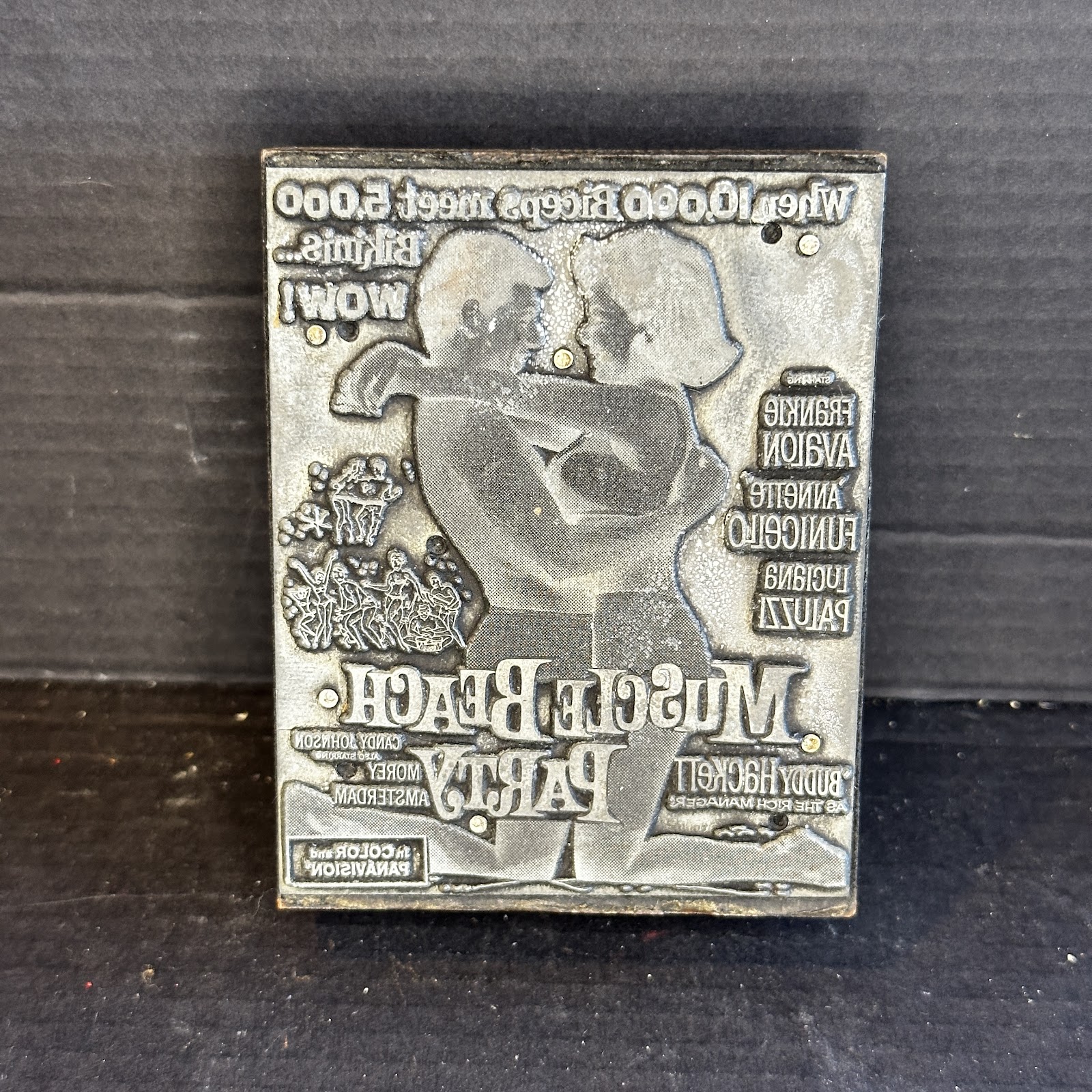 Original 1964 AIP metal printing plate on wood block for Muscle Beach Party promotional materials, featuring Annette Funicello film advertising