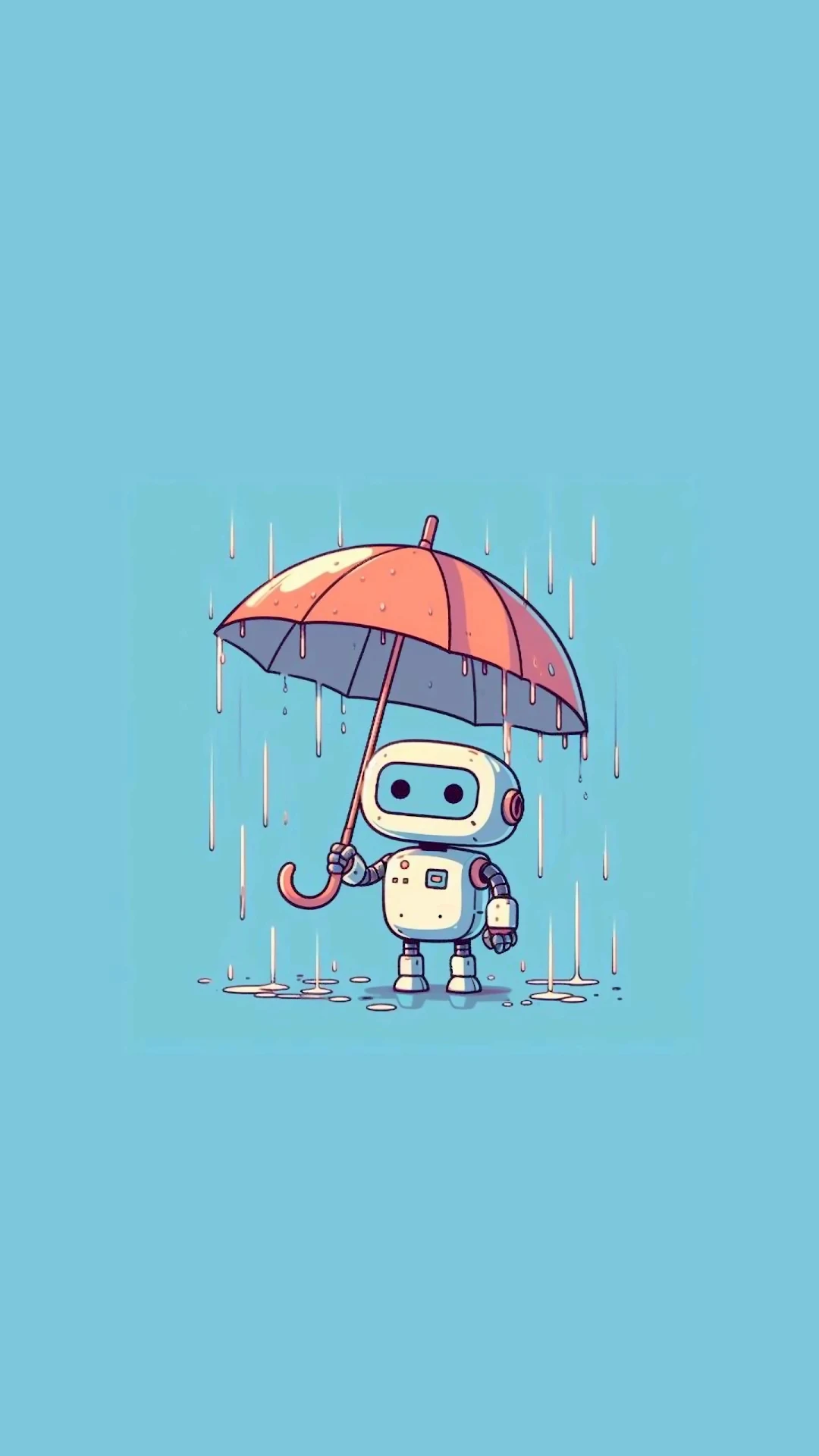 Cute robot holds umbrella in gentle rain on blue background - Free 4K mobile Wallpaper