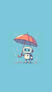 Cute robot holds umbrella in gentle rain on blue background