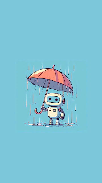 Cute robot holds umbrella in gentle rain on blue background - Free mobile Wallpaper