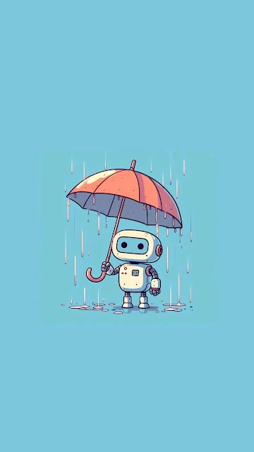 Cute robot holds umbrella in gentle rain on blue background