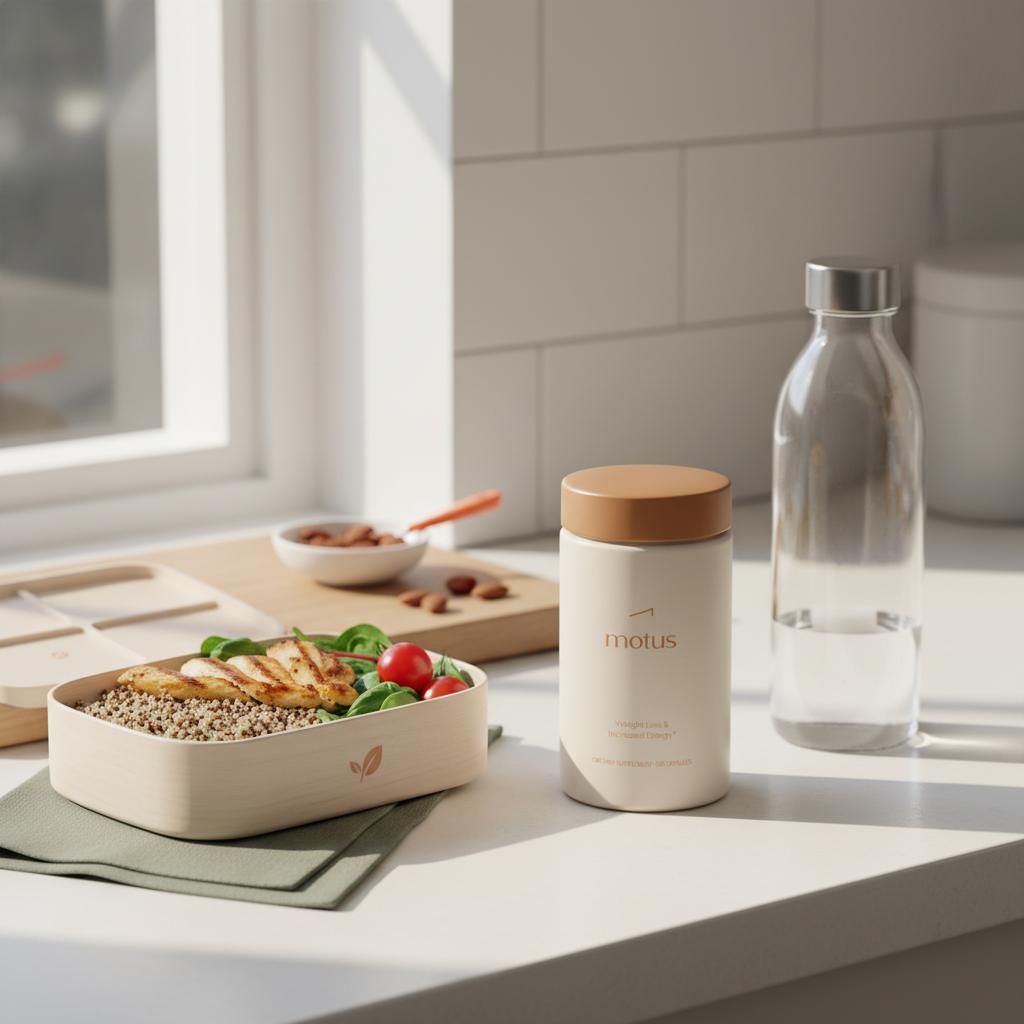 Tonum Motus bottle on a kitchen counter with an open balanced lunchbox and a water bottle in soft morning light, minimalist scene promoting appetite suppressant drugs