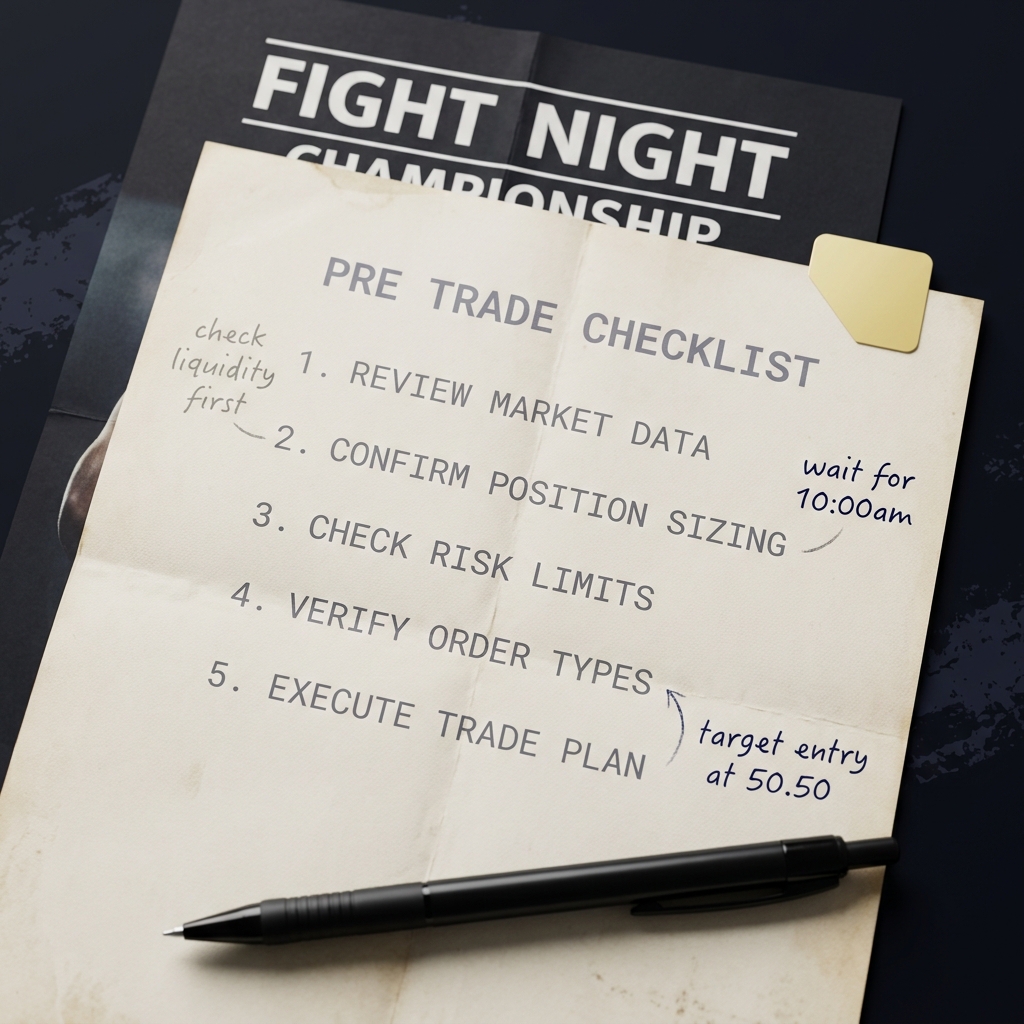 Close up of a printed pre trade checklist with handwritten notes and a pen resting on a fight poster in a minimalist layout for Common MMA and Boxing Trading Mistakes