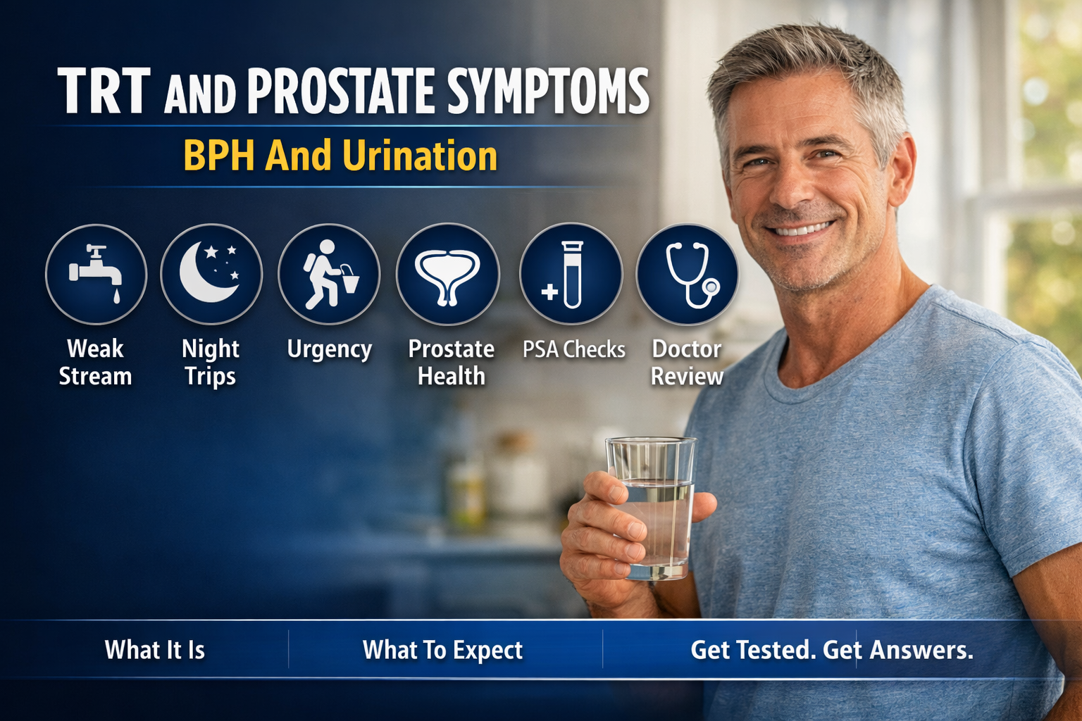 Does TRT Cause BPH or Frequent Urination? Arizona Guide — AZTRT Arizona TRT clinic blog cover showing a man in his kitchen with a prostate symptoms and urination infographic