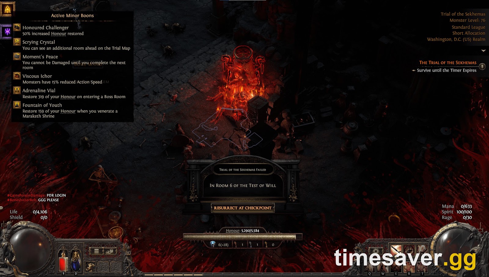 Path of Exile 2 Trial of the Sekhemas showing the Active Minor Boons panel mid-run — named boons like Honoured Challenger (increased Honour restored) and Fountain of Youth (restore Honour at a Maraketh Shrine), the kind of defensive Boons you prioritise.