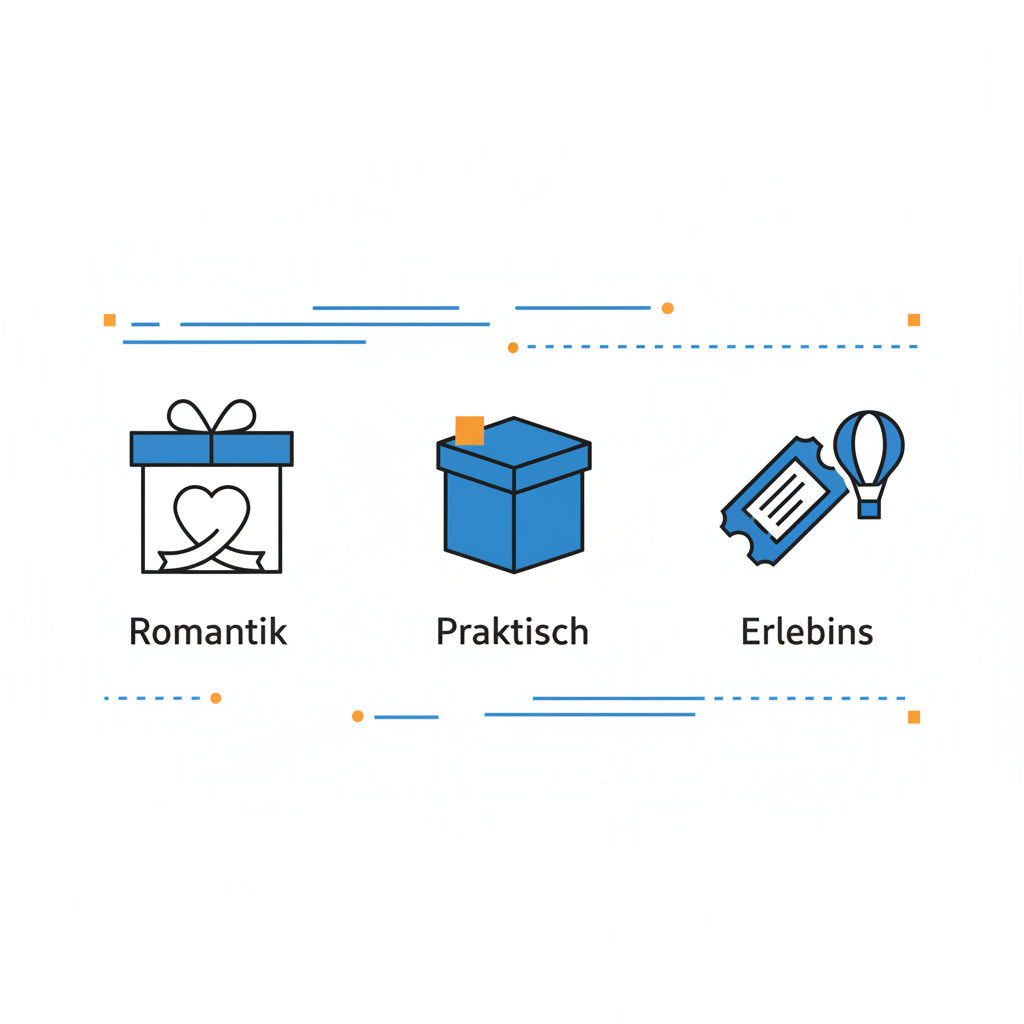 Minimalistische 2D-Vektor-Infografik mit drei Icons für geschenkideen für freundin: Romantik, Praktisch und Erlebnis in Steelmonks-Farben