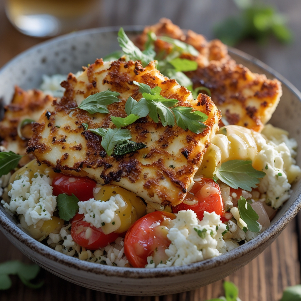 Final Crispy Za'atar Halloumi Power Bowls with Whipped Lemon Feta & Charred Cherry Tomatoes