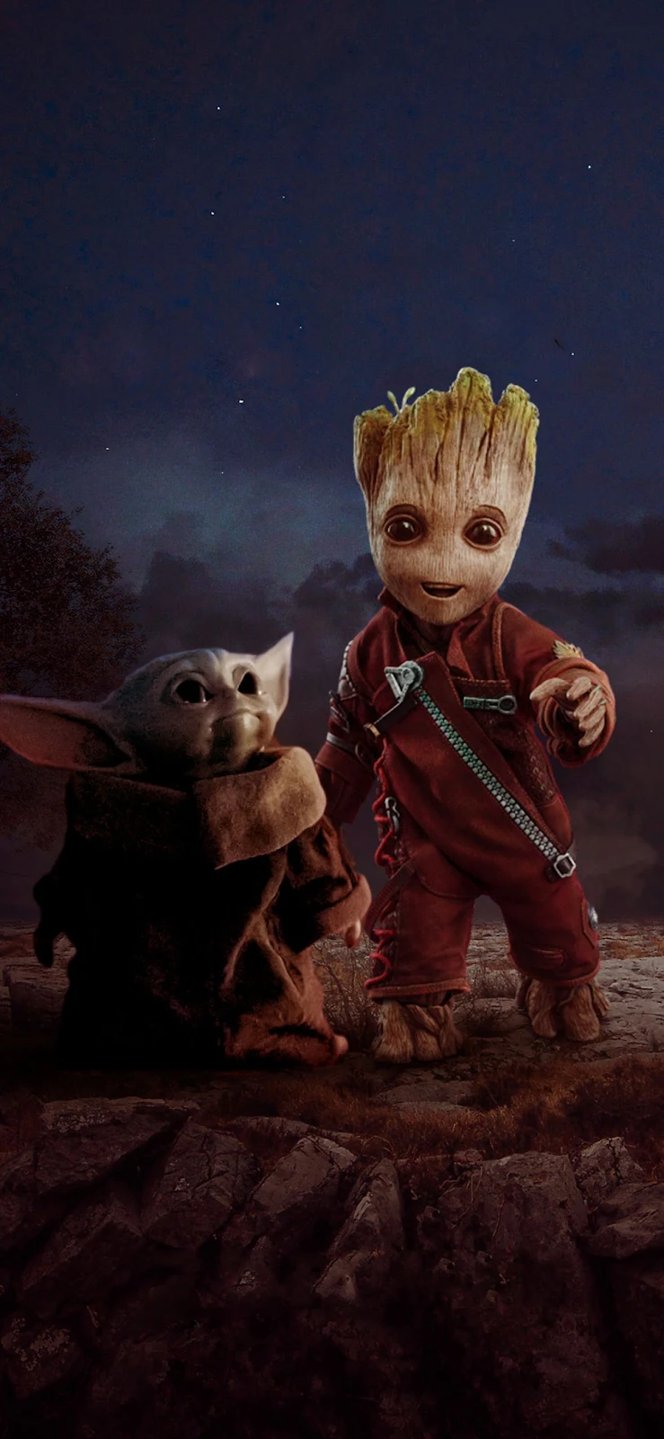 Grogu and Baby Groot - Digital Fan Art Full HD iPhone Wallpaper (1242x2688)