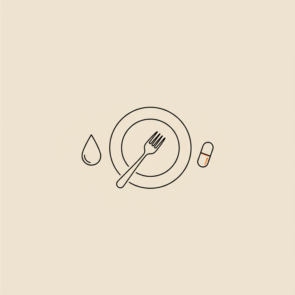 Minimal Tonum-style vector line illustration of a plate with fork, water droplet and capsule on beige background, hinting at nutrition and hydration to lose 10 pounds of fat in 3 days