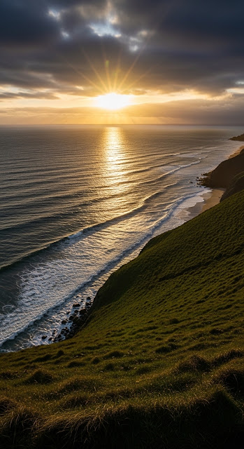 Dramatic Sunset View Over Steep Coastal Cliffs and Reflective Ocean Waves - Free mobile Wallpaper