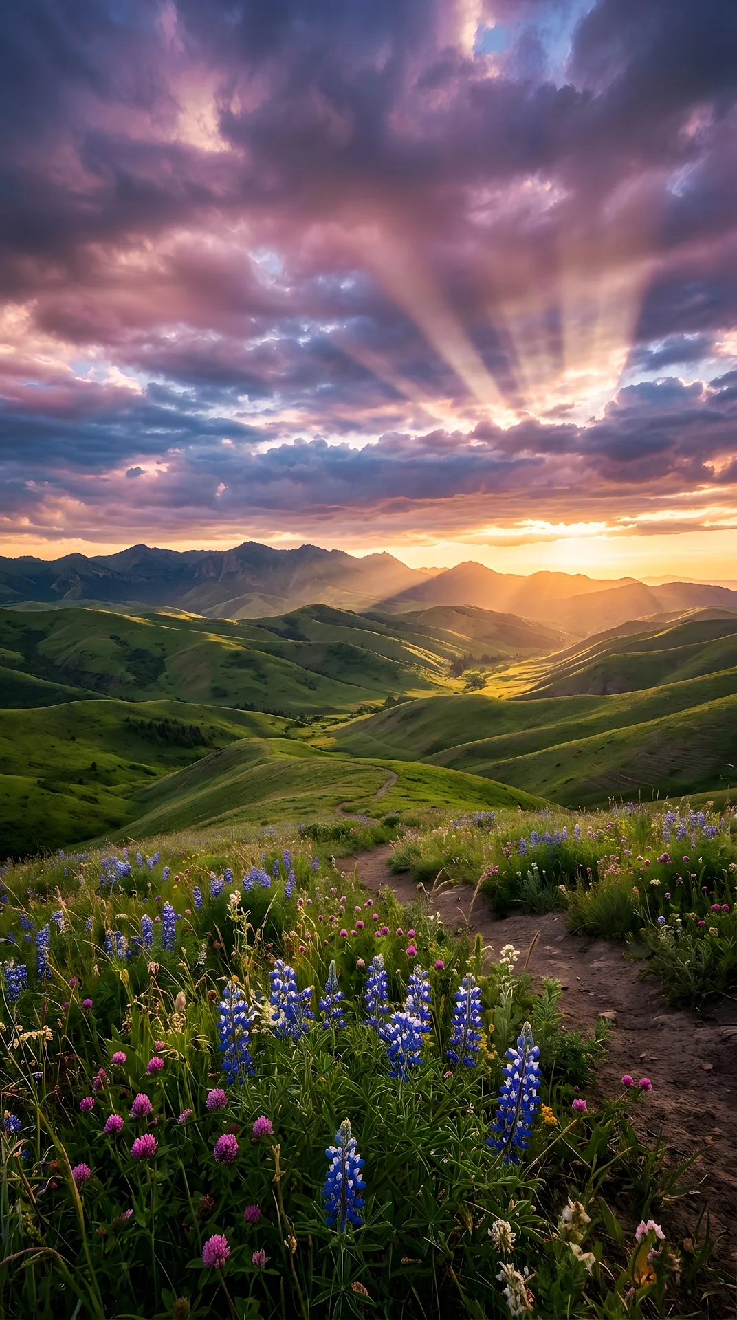 Sunset over Rolling Green Hills with Wildflowers and Crepuscular Rays - Free 4K mobile Wallpaper