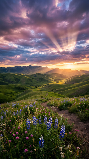 Sunset over Rolling Green Hills with Wildflowers and Crepuscular Rays - Free mobile Wallpaper