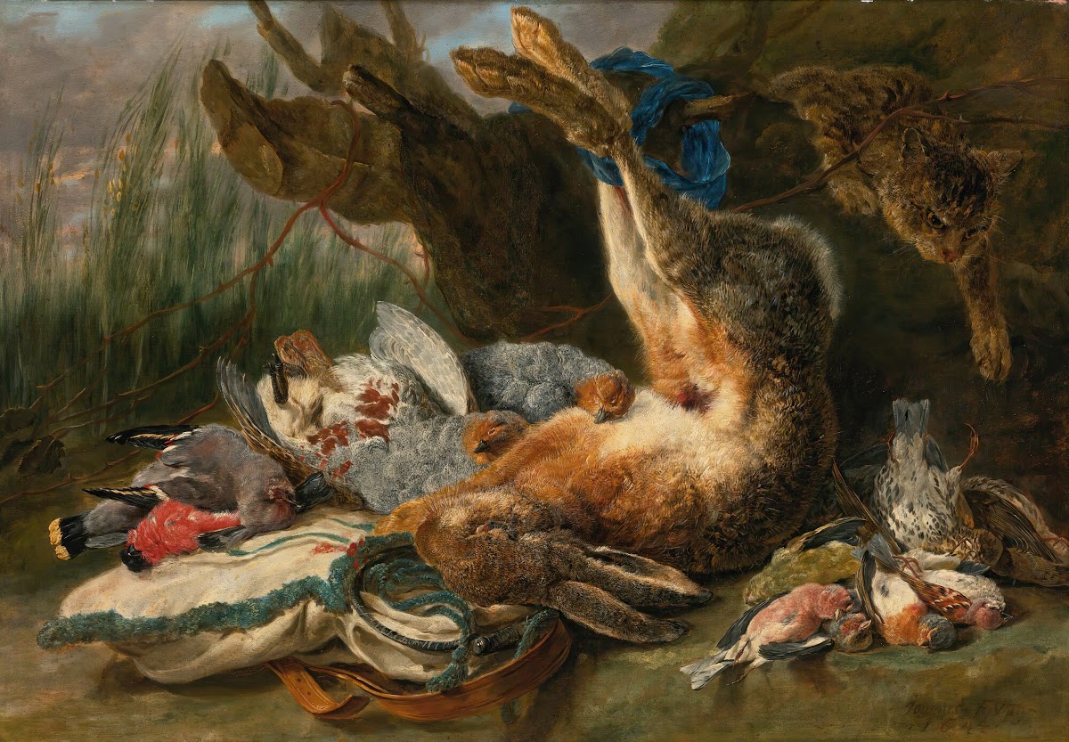 Gamepiece With A Hare And Various Wild Birds A Cat Approaching From The Right 16