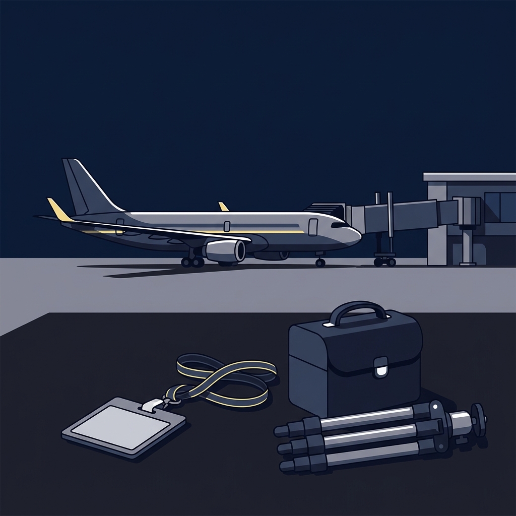 Minimalist 2D vector of a parked team airplane at an airport gate with credentialed media gear in the foreground no people mariners astros prediction
