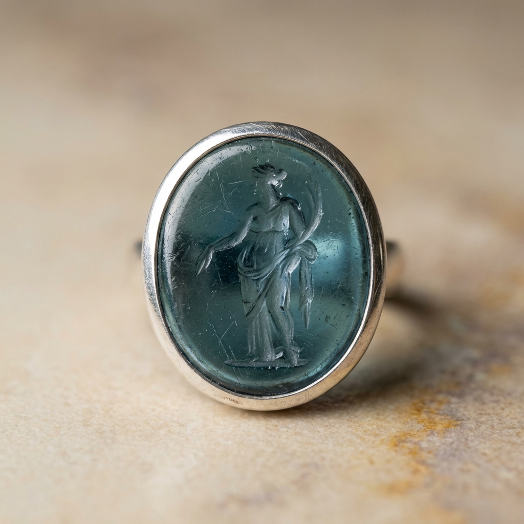 Macro shot of roman glass jewelry intaglio set in a polished silver bezel on a warm beige background showing surface gloss variations worn edges and fine engraved details