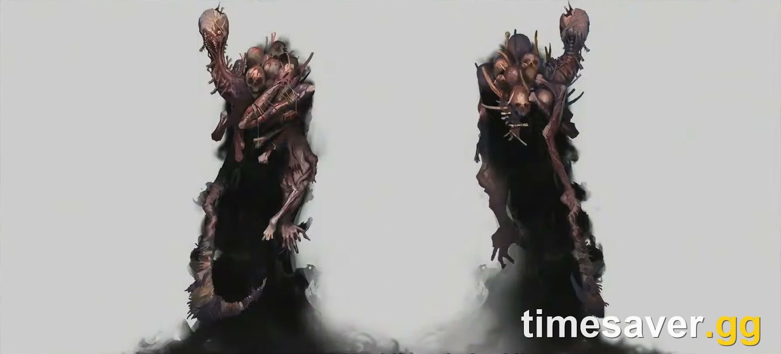 Front and back concept art turnaround of The Dredge in Dead by Daylight, showing its mass of limbs and skulls above a body of shadow