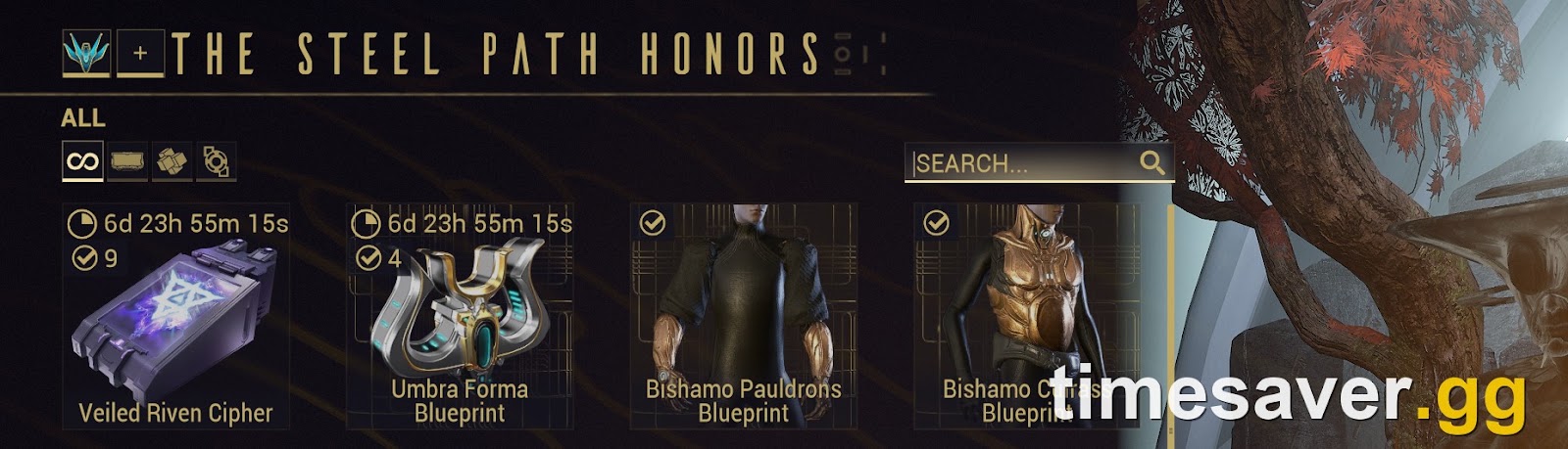 The Steel Path Honors shop screen in Warframe showing the Umbra Forma Blueprint and Veiled Riven Cipher priced in Steel Essence