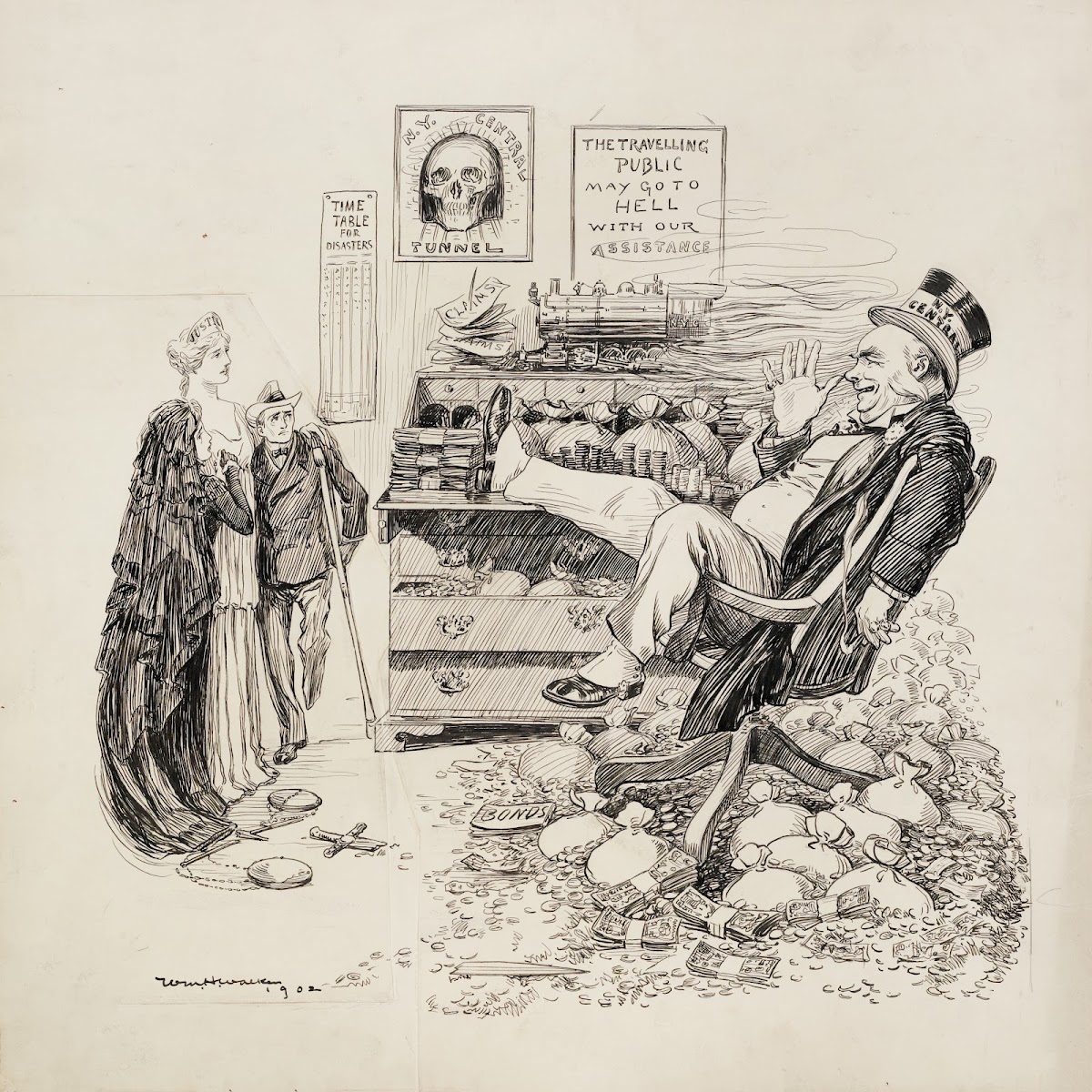 A wealthy man representing NY Central thumbs his nose at a woman representing Ju