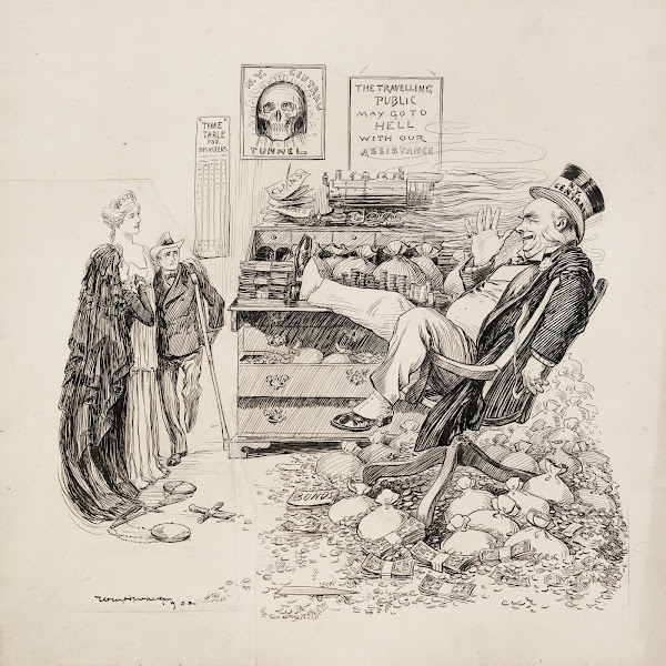 A wealthy man representing NY Central thumbs his nose at a woman representing Ju