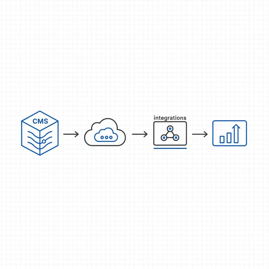 Isometric 2D vector illustration of a simplified website stack with boxes for CMS, hosting, integrations, analytics connected by clean lines and accent nodes; how much does a website cost