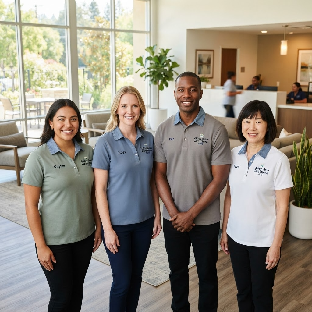RCFE care home staff wearing custom embroidered polo shirts with facility logo and staff names
