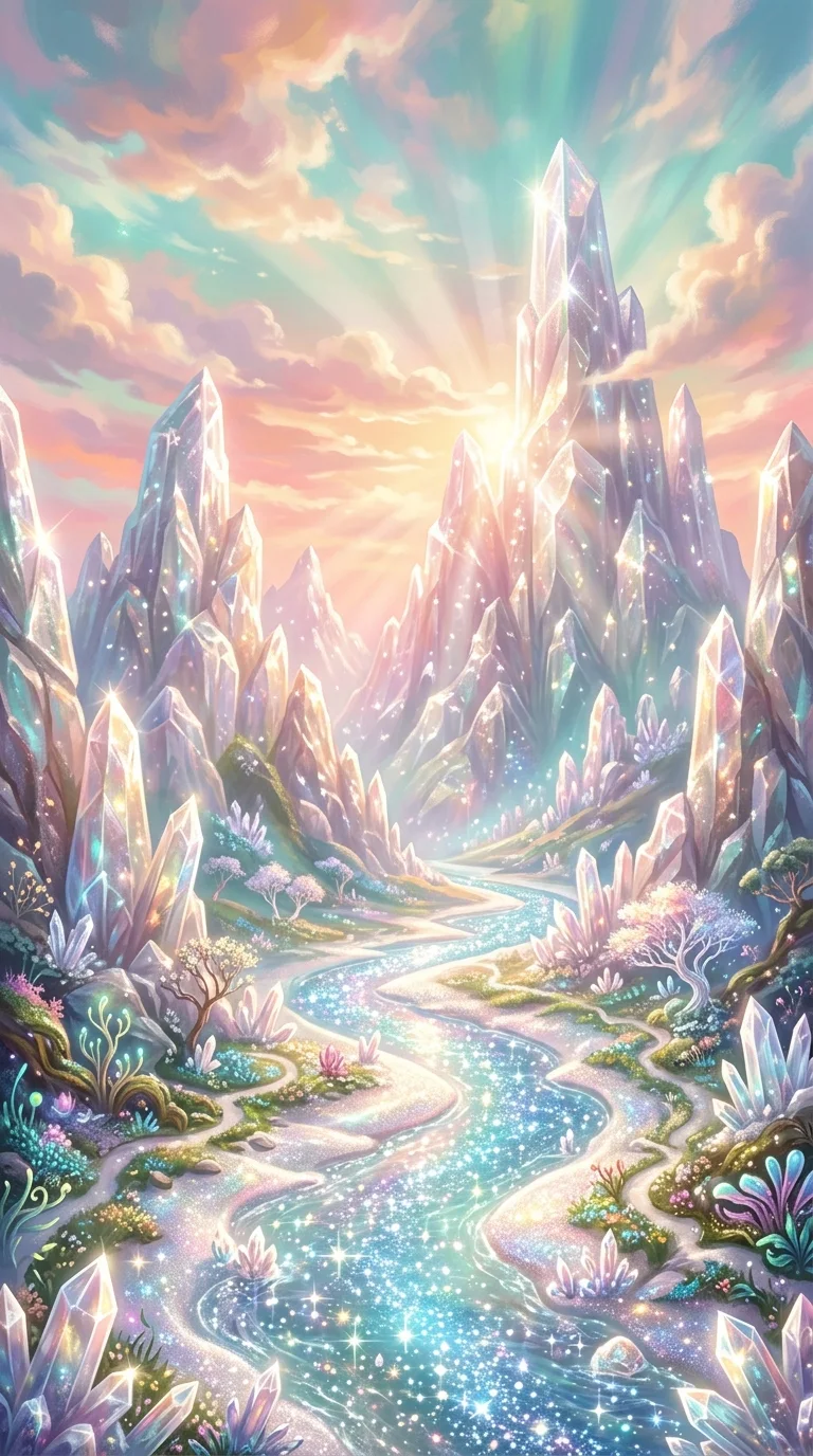 Surreal Crystalline Valley with Gemstone River under Pastel Sky - Free 4K mobile Wallpaper