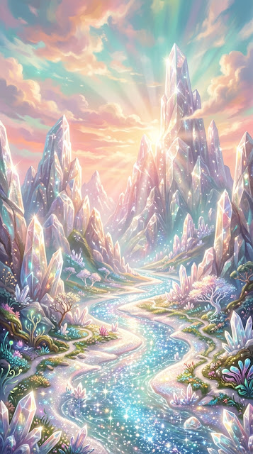 Surreal Crystalline Valley with Gemstone River under Pastel Sky - Free mobile Wallpaper